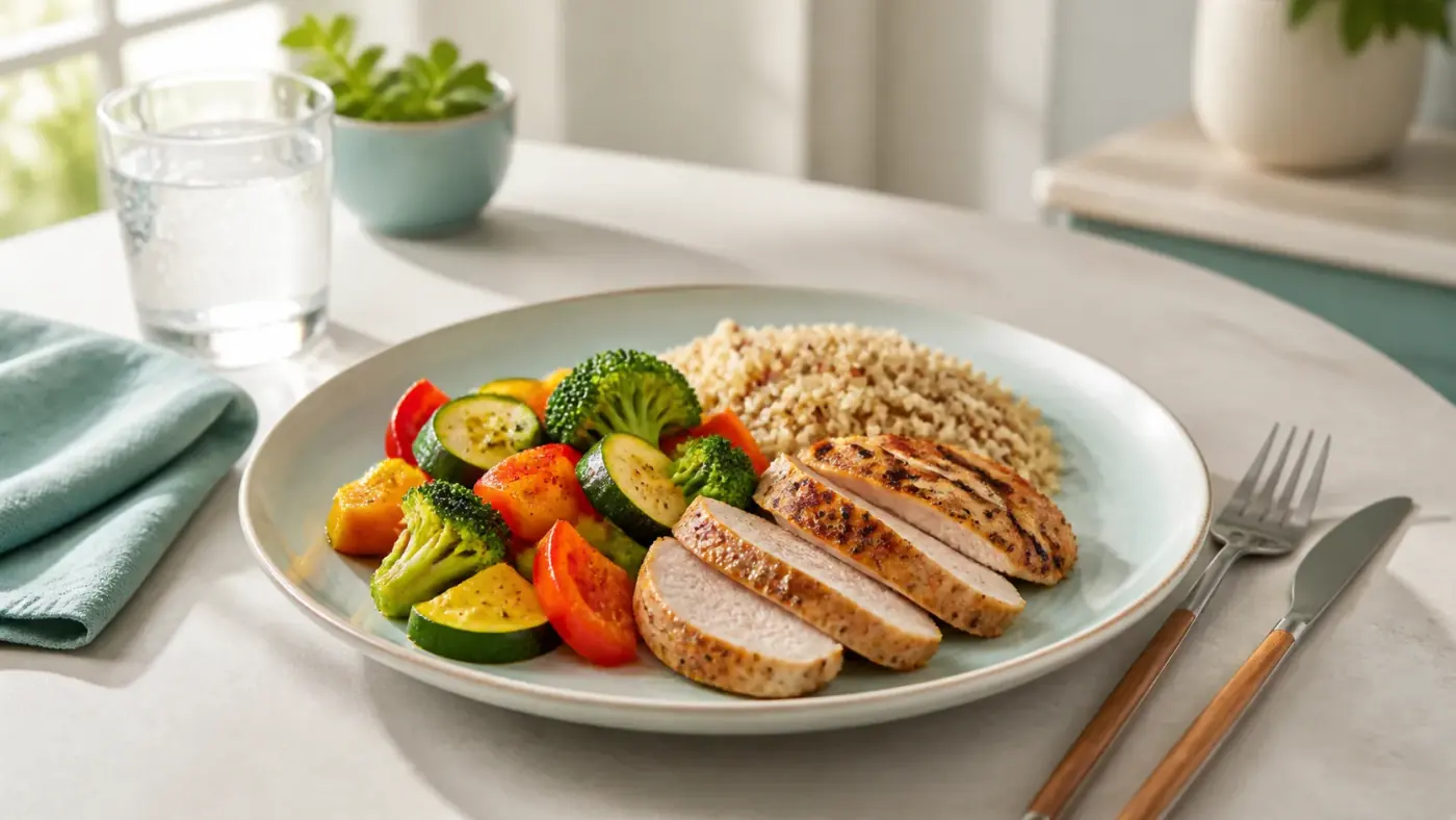 Balanced plate with lean protein and vegetables, the kind of smaller meal many patients shift to during their first month on a GLP-1