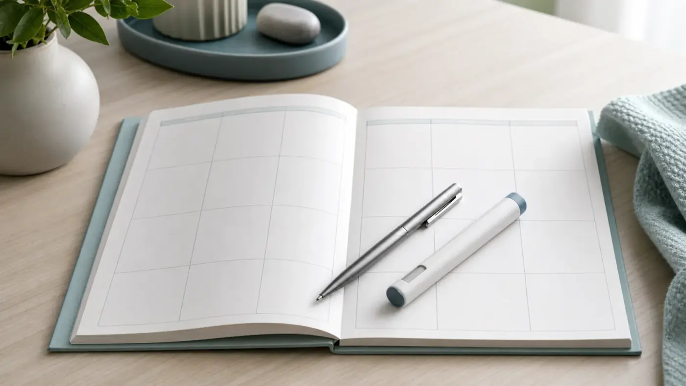 Monthly calendar with a GLP-1 injection pen, used to track the once-weekly starting doses in the first month of treatment