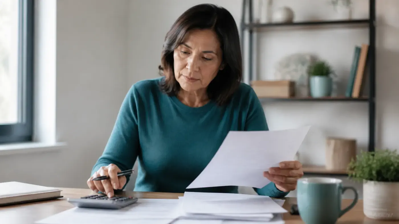 Reviewing pharmacy costs and insurance paperwork with a calculator