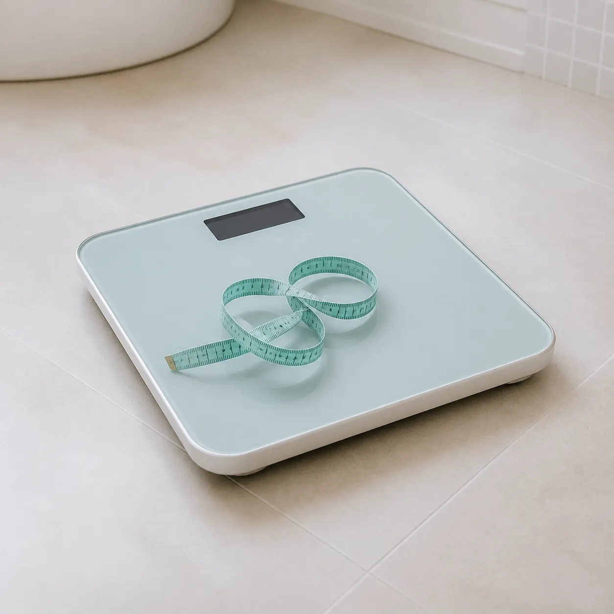 Bathroom scale and measuring tape, a reminder that month-one weight change on a GLP-1 starting dose is not the real test